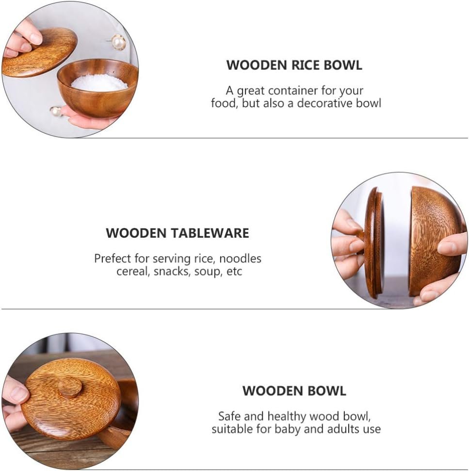 Wood Bowl Nut Bowls Wooden Serving Bowl With Lid Natural Wood Rice Bowl Salad Noddle Soup Dish Food Container Seasoning Holder For Home Kitchen Japanese Wooden Bowl - Image 2