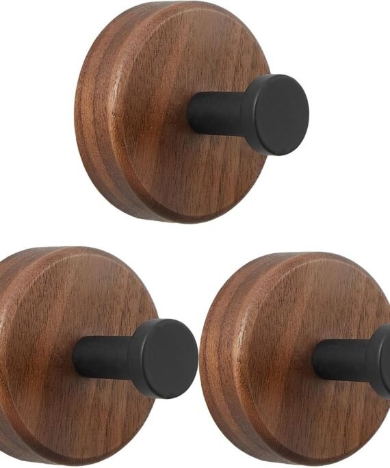 Adhesive Wooden Wall Coat Hooks,3-Pack Farmhouse Decorative Natural Dark Walnut Wood Towel Hooks for Hanging Hats Towels Robe Clothes Keys Bags Jackets