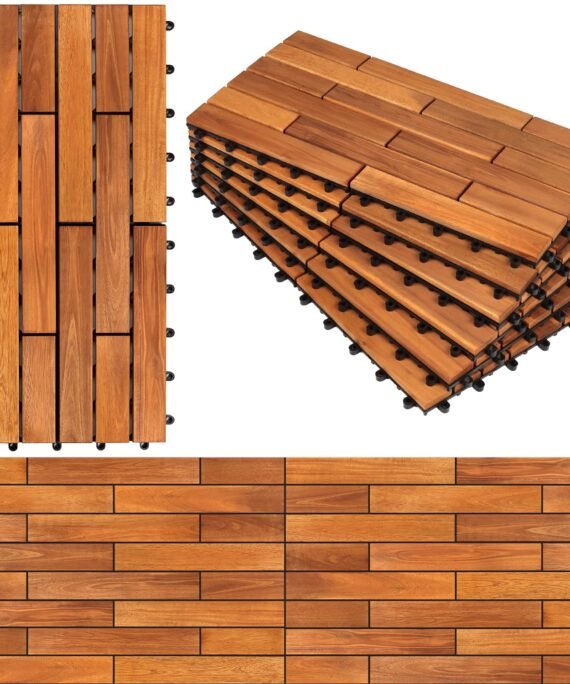 Solid Wood Interlocking Flooring Tiles (Pack of 6, 24" x 12"), Acacia Deck Tiles, Floor Tiles for Both Indoor and Outdoor Use, Waterproof All Weather (24x12, Natural Color)
