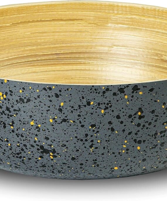 Large Bamboo Salad Bowl • Black Fruit Bowl with Terrazzo Pattern • Wooden Mixing Bowls for Pasta, Popcorn, Candy & Chips • Decorative Centrepiece • Home Decor