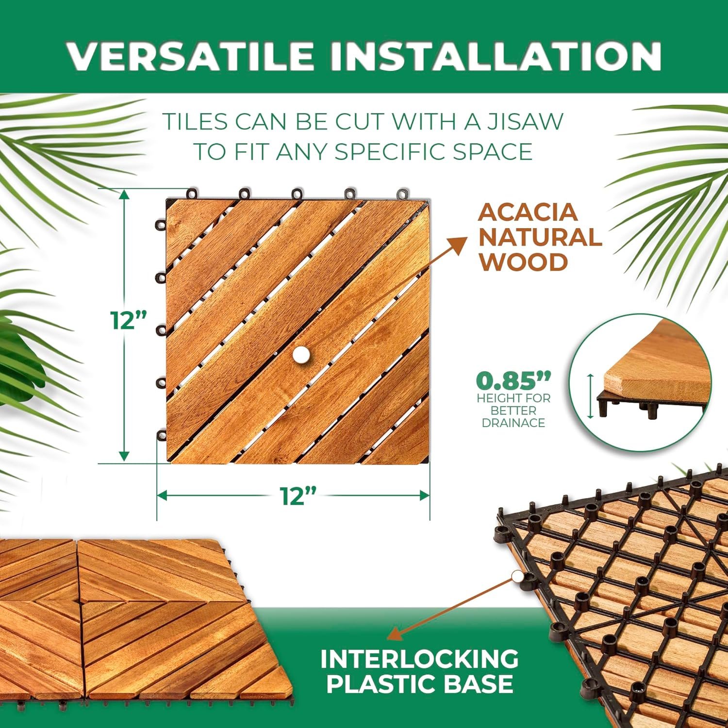 Interlocking Deck Tile (Pack of 10, 12"x12") Acacia Hardwood Deck Tile, Interlocking Patio Tile in Solid Acacia Wooden Oiled Finish Waterproof all Weather Perfect for Indoor Outdoor(Golden Teak Color) - Image 2
